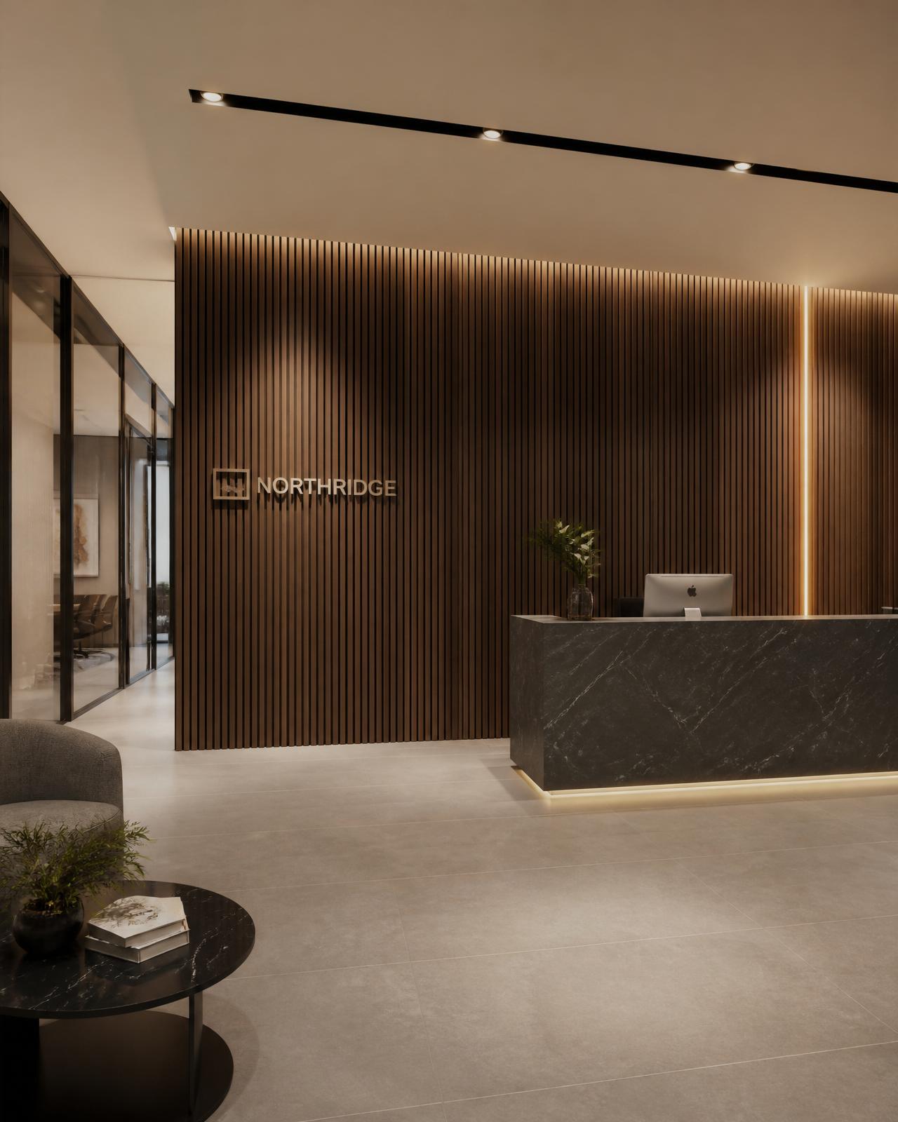 Fluted wood slat panels installed in a commercial office lobby