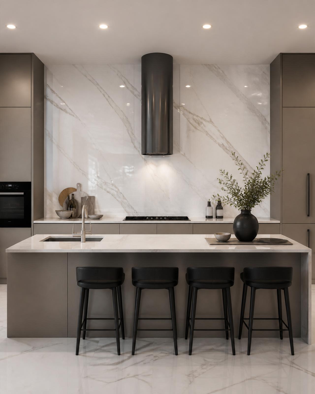 Marble PVC wall panel backsplash installed in a modern kitchen