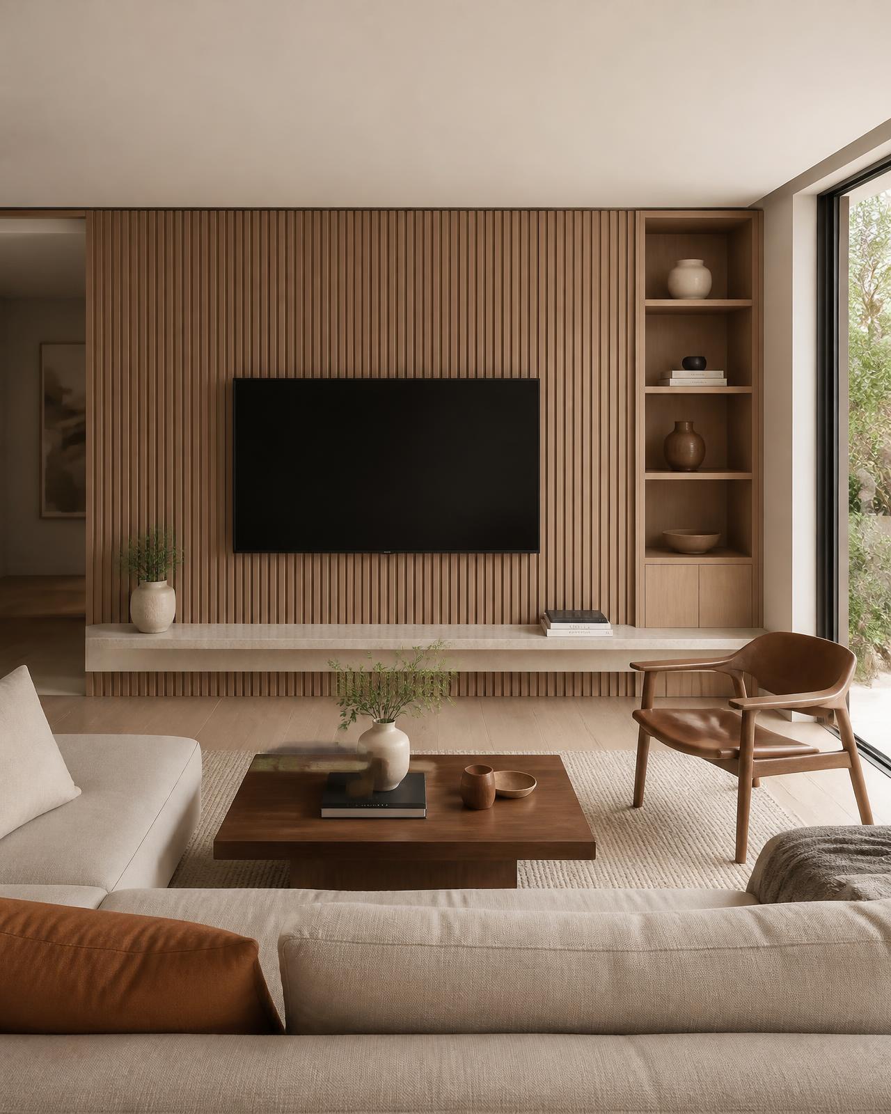 Fluted slat feature wall installed behind a wall-mounted TV in a living area