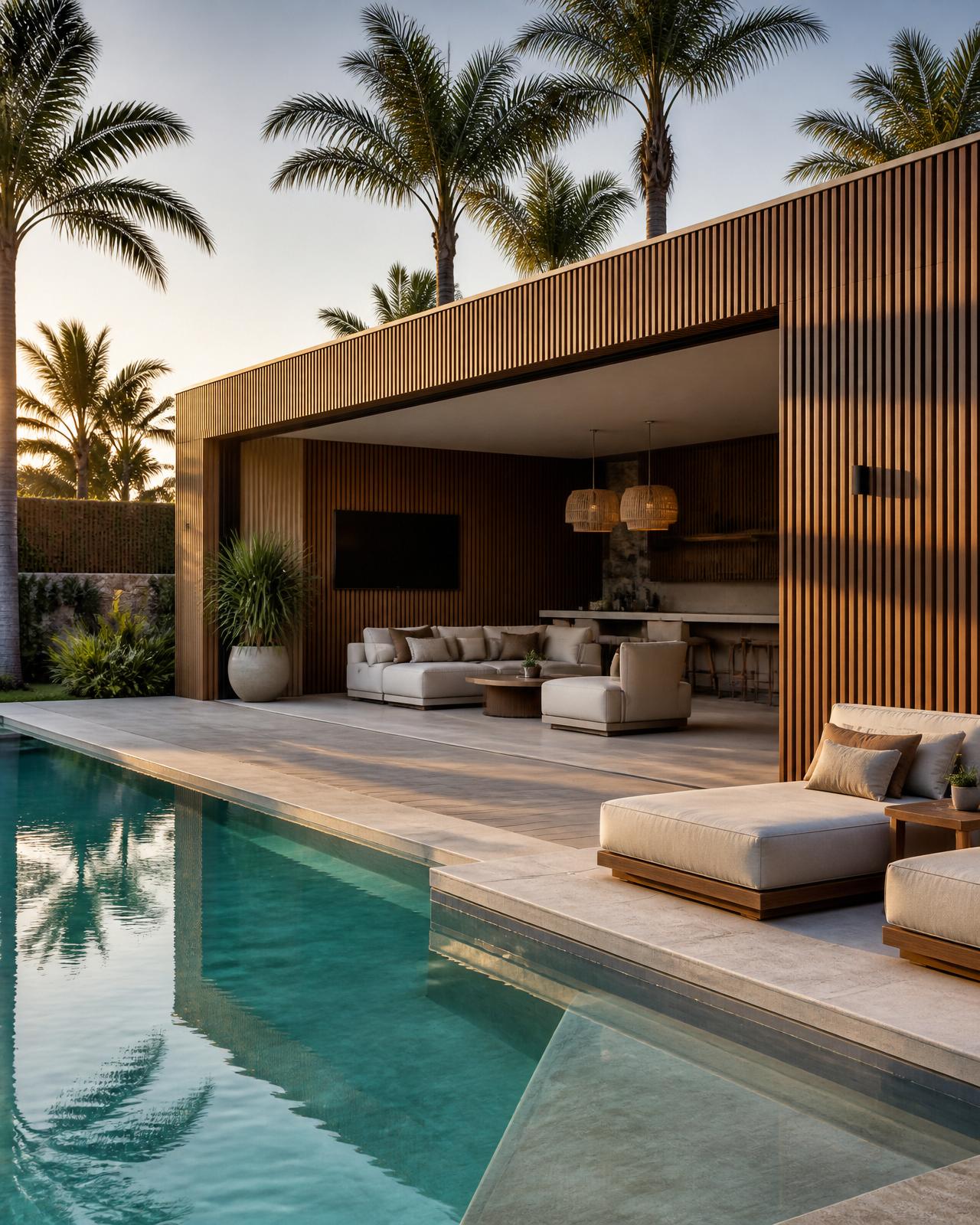 Exterior WPC slat cladding installed on a poolside cabana